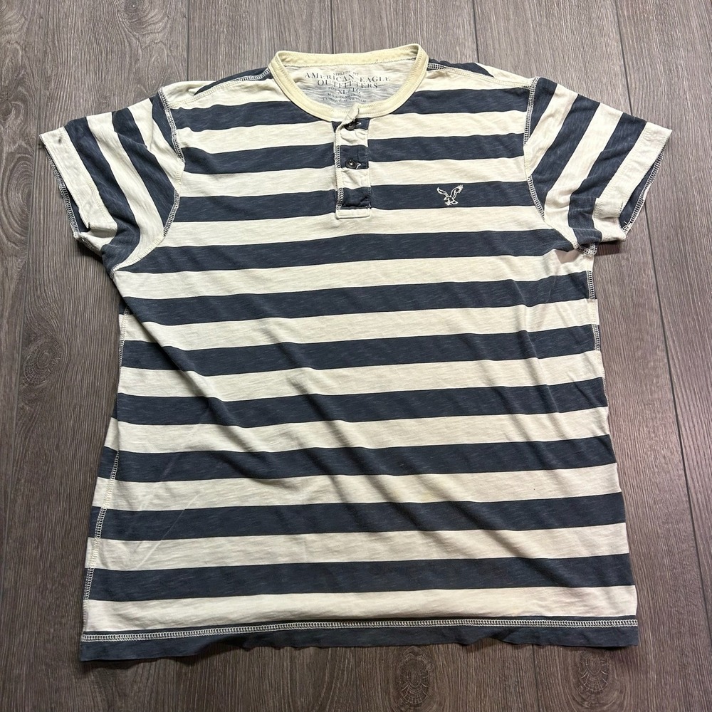 American Eagle Outfitters Mens XL Henley Shirt Striped Blue Cream Short Sleeve